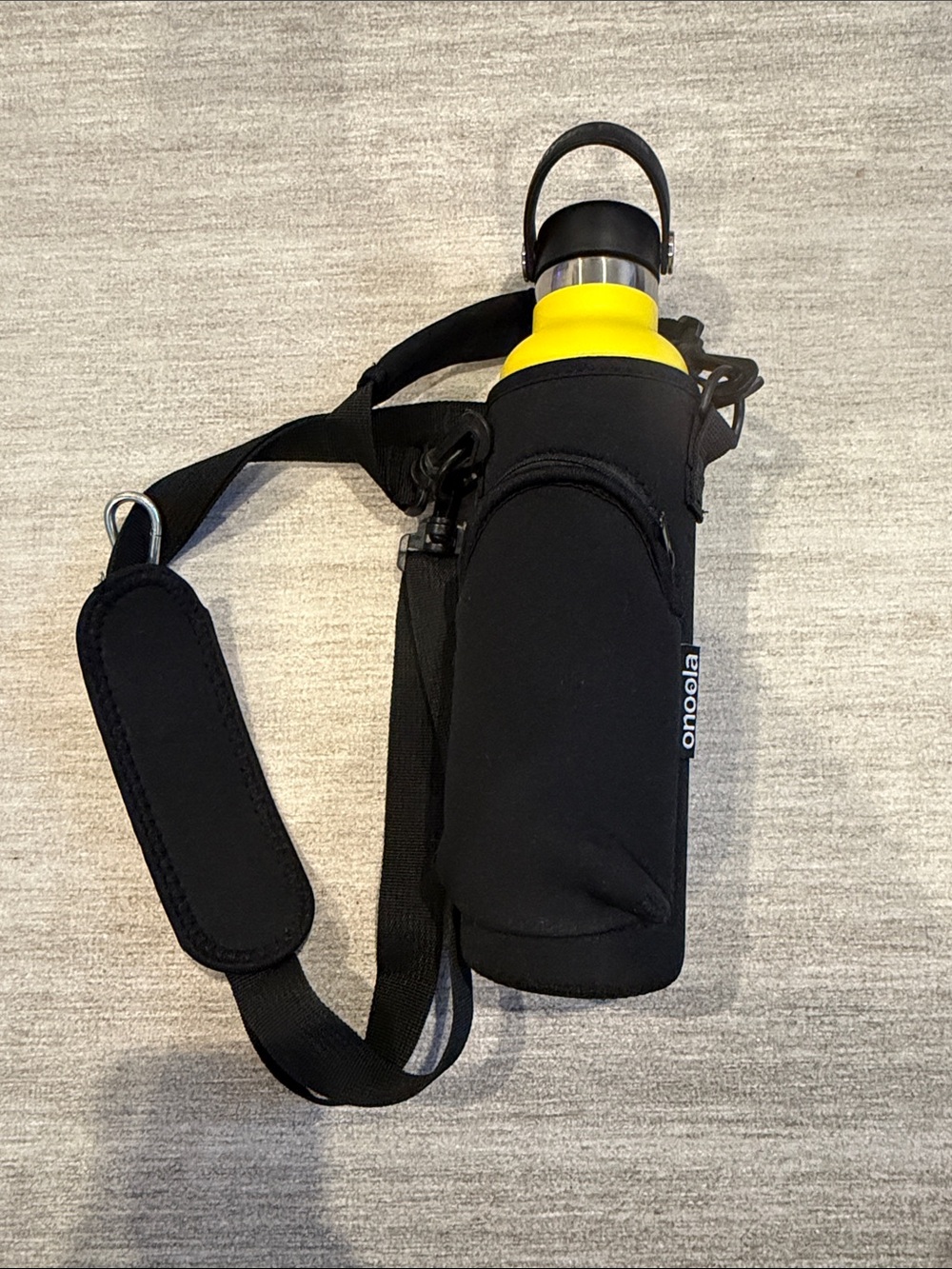 Hydro Flask Yellow Bottle with Black Carry Sleeve and Strap